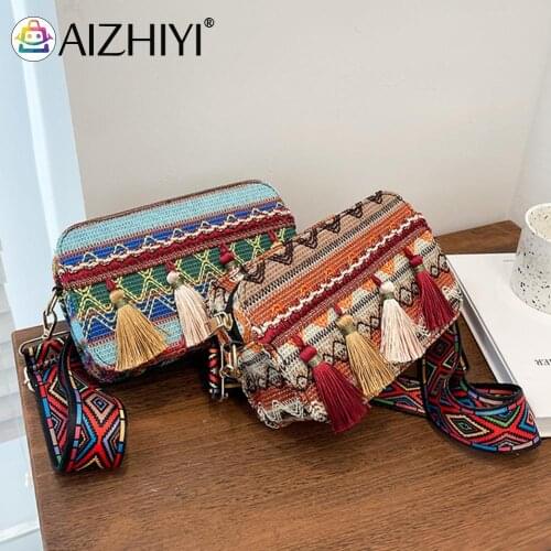 Fashion Ethnic Style Women PU Leather Stripes Printing Shoulder Crossbody Messenger Bag Casual Ladies Tassel Mini Purse Handbags