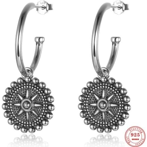 925 Sterling Silver Hoop Earrings for Women Bead Edge Star Light Oxidized Silver Ear Jewelry Exquisite Generous Earring Gift