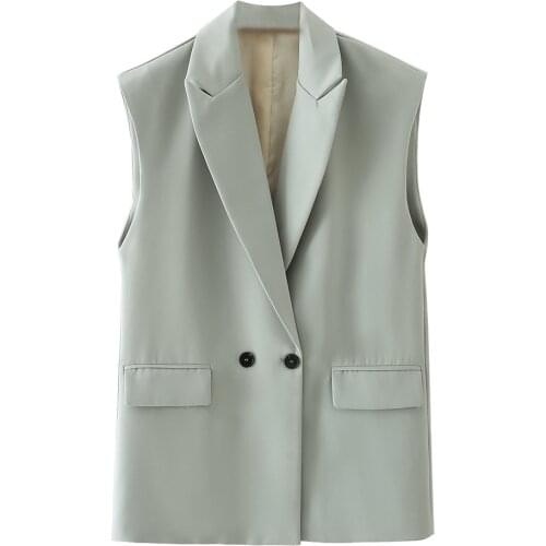 New 2021 Women sleeveless Blazer double breasted vest jacket office ladies casual suit Coat pockets Notched Collar outwear tops