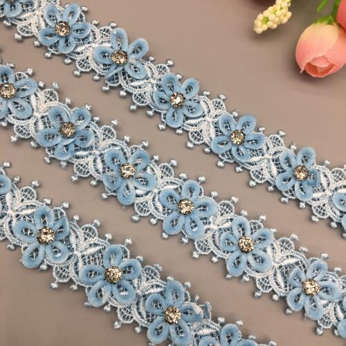 2 yards Blue Rhinestones 3D Flower DIY Embroidered Lace Trim Ribbon Applique Fabric Patchwork Wedding Dress Hat Sewing Craft
