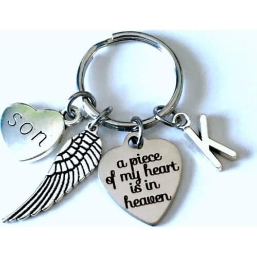 Initial Memorial Key Chain with Wing, A Piece of My Heart Is In Heaven Sympathy Gift Keychain, Loss of Mom Dad Son Daughter