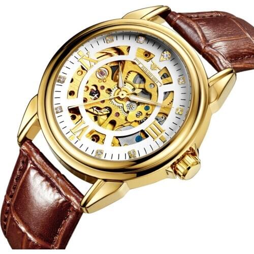 Wrist Watches Mens Automatic Self-Wind Steel Waterproof Business hollow leather strap Mechanical Watch Relogio Masculino