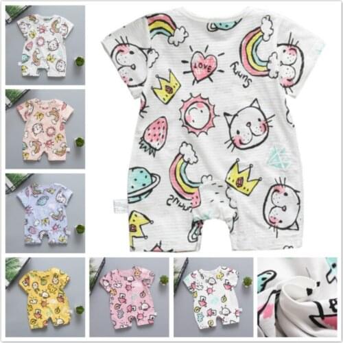 Newborn Baby Boy Romper Summer Short Sleeve Cotton Infant Jumpsuit Cartoon Rainbow Rabbit Print Baby Girl Romper Clothes Costume