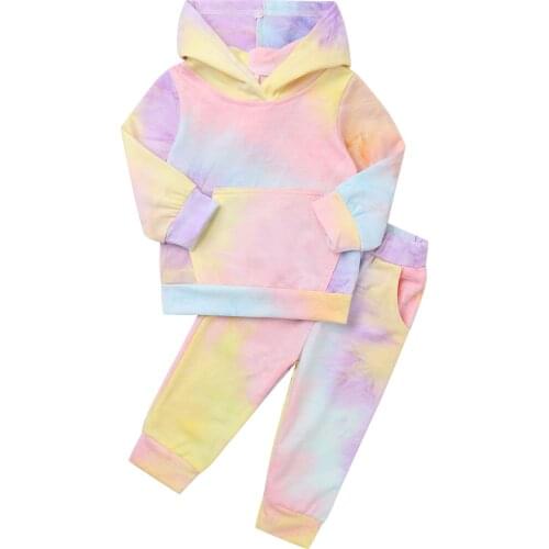 Kids Girls Spring Autumn Fashion Tie Dye Print Sweatshirt Set Hoodie Long Sleeve with Pocket Top Slant Pockets Set Sportswear