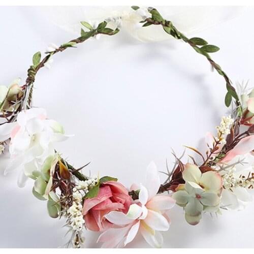 F3MD Handmade Flower Crown with Ribbon Pink Floral Leaf Wreath Crown Adjustable Floral Garland Headpiece Wedding Photo Props