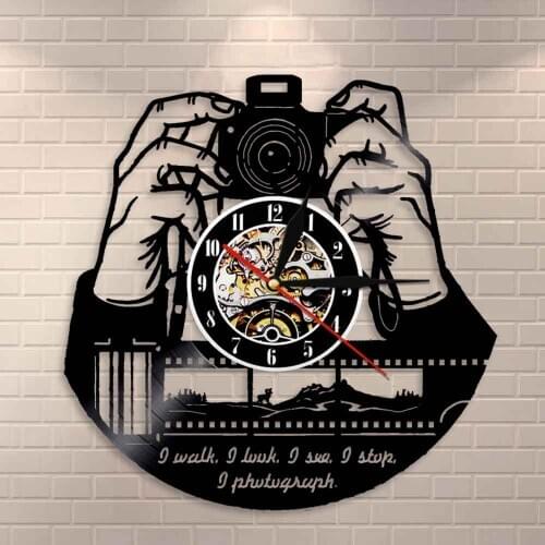 Photographers Vinyl Record Wall ClockHands On Camera Photo Camera Wall Clock Photography Studio Logo Cameraman Shutterbugs Gift
