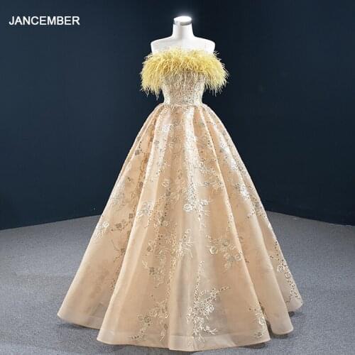 J67164 JANCEMBER Latest Evening Party Dress Strapless Sleeveless Feather Applique Lace Up Dernière robe de soirée sans bretelles