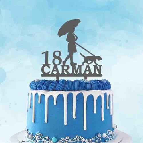 Personalized Girl Birthday Cake Topper Custom Name Age Girl Take a Walk with Dog Cake Topper For Birthday Cake Decoration Topper
