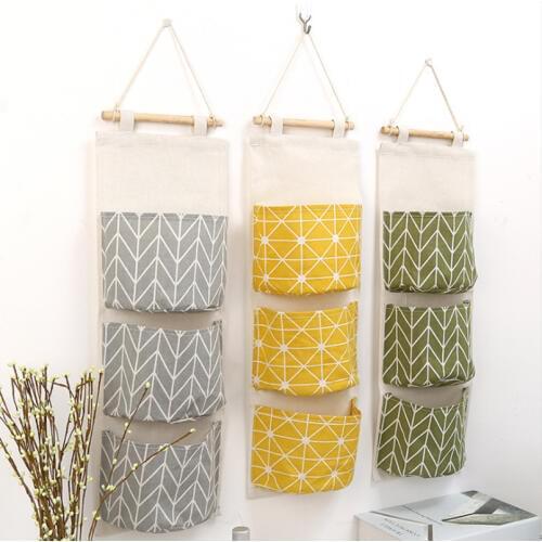 New Cotton Linen Wall Hanging Organizer Bag Multi-layer Holder Storage Bag Home Decoration Makeup Rack Linen Jewelry 3 Pocket