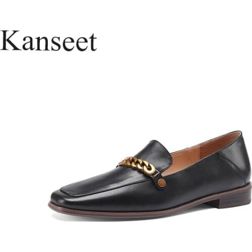 Kanseet 2021 New Women Pumps Spring Autumn Fashion Metal Decoration Genuine Leather Casual Handmade Square Toe Low Heels Shoes