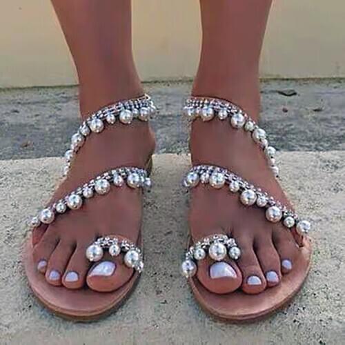 New Womens Sandals Spring Summer Ladies Shoes flats Beach Shoes Peep-toe Casual Walking Flat Beaded Sandalias Female