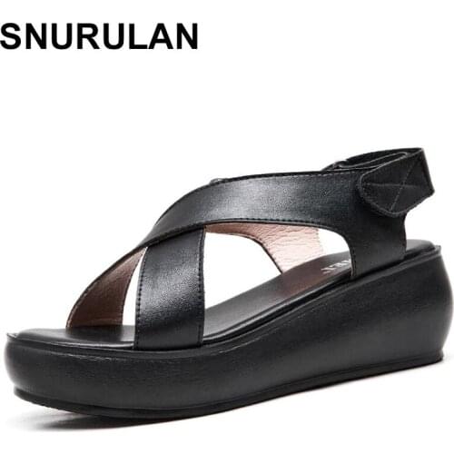 SNURULAN Womens Sandals Genuine Leather Platform Sandal 2021 Summer Gladiator High Heels Ladies Sandal Summer Shoes For Women