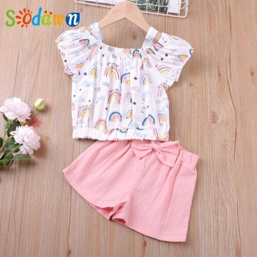 Sodawn New Version Children Girls Summer Of Off-The-Shoulder Butterfly Short Sleeve Blouse + Fashion Shorts Two-Piece Set