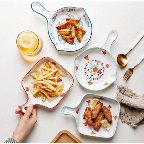 Breakfast plate dessert plate baking plate Nordic style creative ceramic handle plate microwave oven underglaze color plate