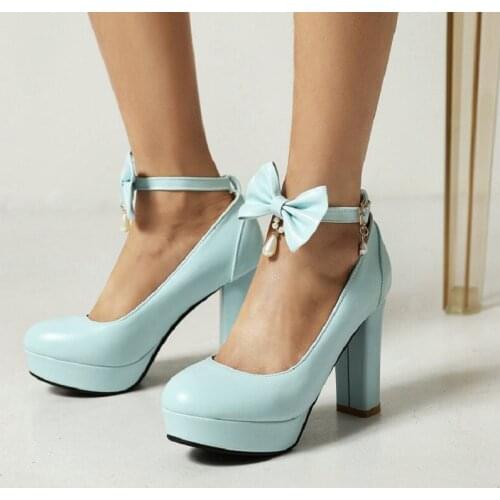 IPPEUM Luxury Shoes Womens High Heel Single Shoes Spring Thick Heeled Round Toe Bow Female High Heel Shoes Sandalias de mujer