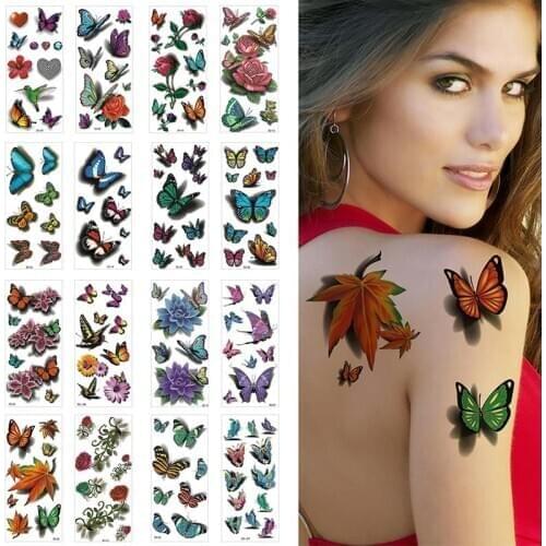 16 Sheets Temporary Tattoo Waterproof Fake 3D Butterfly Tattoo Body Art Sticker Women Beautiful Body Art Tattoo Sticker