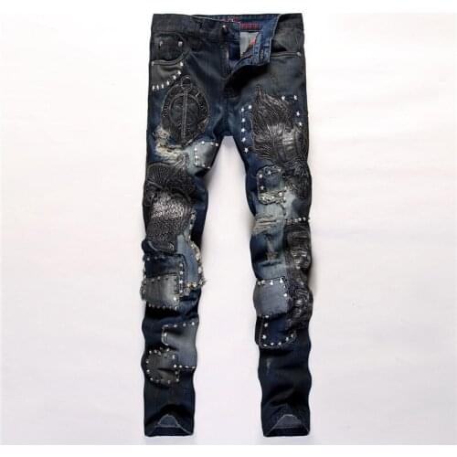 Embroidery Ripped Denim Pant Knee Hole Zipper Motocycle Biker Jeans Men Slim Skinny Destroyed Torn Jean Pants Hip-Hop 809