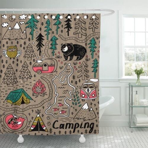 Funny Map Nature Landscape Camping and Cute Animals Shower Curtains Waterproof Polyester Fabric 72 x 78 inches with Hooks