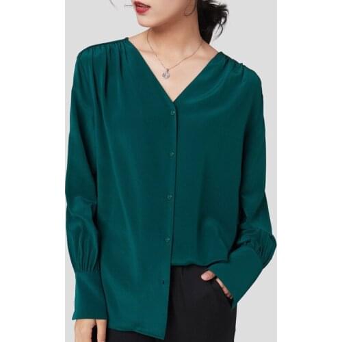 2021 Elegant Womens 100% Mulberry Silk Satin Silk Green Buttons Down Long Sleeve Shirt Top Female Blouse V Neck Office Work