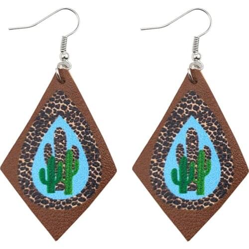 Leopard Cactus Print Brown Leather Kite Drop Earrings for Women 2021 New Designer Cactus Dangle Earrings Jewelry Wholesale