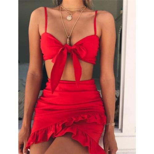 Women Ladies Summer Two Pieces Set Dress Bodycon Sleeveless V Neck Crop Tops Ruffles Mini Skirts 2PCS Sets Beach Dress