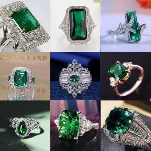 Vintage Large Green Square Stone Womens Ring Sliver Color Cubic Zirconia Ring Elegant Hollow Pattern Engagement Jewelry Rings