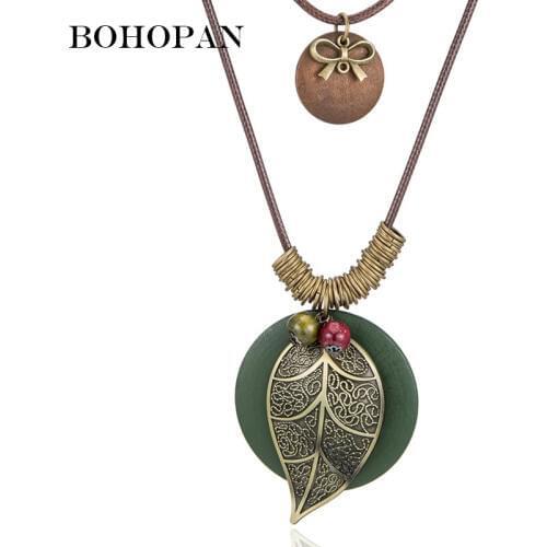 Green Wooden Necklace Double Chain Vintage Metal Leaves Pendants Necklace Fashion Jewelry Women Bijoux collier femme 2019 New