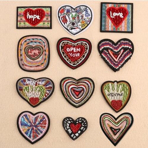 1Pcs Punk Style Colorful Heart Beads Rhinestone Embroidery Cloth Patches Applique Sew On Clothing Backpack Garments Accessories