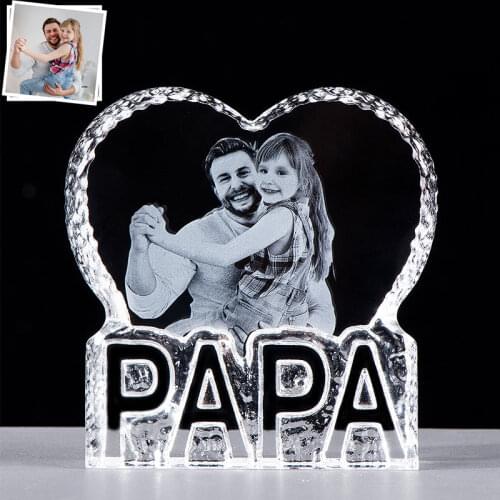 2D Personalised Laser Engraved Photo Frame Gifts for Dad Crystal Album with PAPA Letter Heart Shape Keepsake for Men
