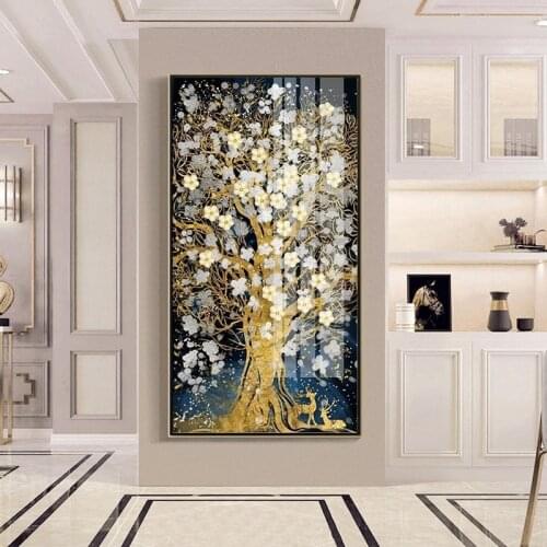 Abstract Golden Tree Flowres Canvas Painting Flowing Big Paint Deer Painting for Living Room Nordic Wall Art Decor Tableaux