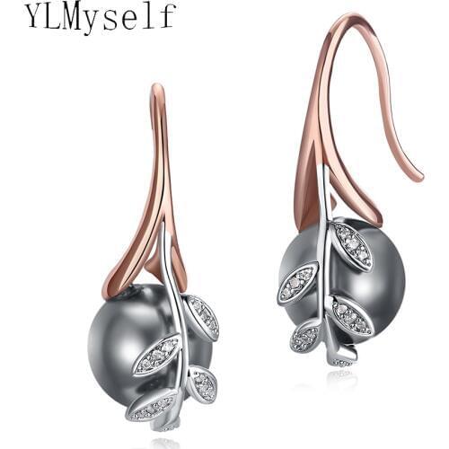 Dropshipping rose gold plate pave grey pearl & cubic zircon crystal Wholesale cheap jewelry lots Dangling earrings for women