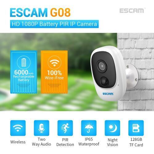 ESCAM G08 HD 1080P IP Camera H.264 Built-in Battery 6000mA Outdoor IP65 Waterproof IR Solar charging board optional