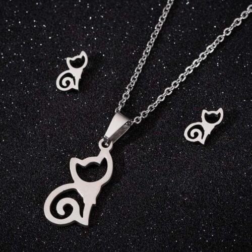 Hfarich Naszyjnik Chic Curved Tail Sitting Cat Stud Earrings Stainless Steel Lovely Kitten Necklaces for Kids Women Jewelry Gift