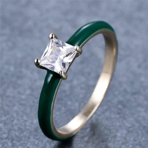 Dainty Female Blue Enamel Thin Ring Classic Gold Color Wedding Band Vintage Square Zircon Stone Engagement Rings For Women