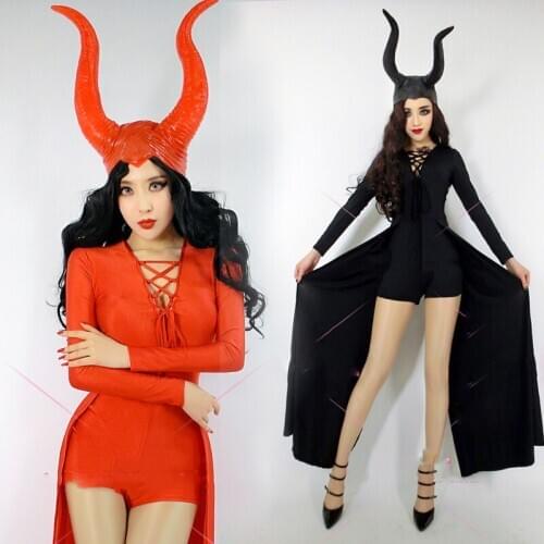 Cosplay Bar Halloween Stage Costume Female Singer DS Exaggerated Horns Headdress Sexy Jumpsuit Long Tail Drag Dress DNV13173