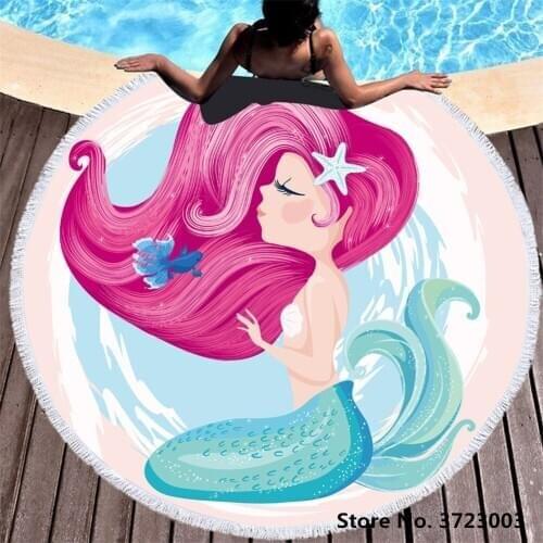 Cartoon 3D Pink Mermaid Printed Summer Round Beach Towels Circle Bath Shower Towel With Yoga Mat Blanket Toalla Playa