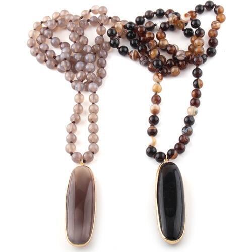 Fashion Bohemian Jewelry Gray/Brown Agat Stones Knotted Drop Stone Pendant Necklaces For Women Ethnic Necklace