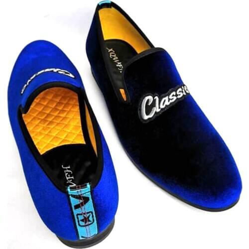 Mens Classic Embroidered Casual Shoes Blue Velvet Comfortable Breathable Loafers Wedding And Party Men Fashion Dress Shoes