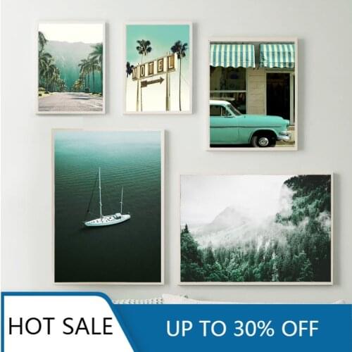 Blue Sea sailboat Forest Palm Tree Leaf Wall Art Canvas Painting Nordic Posters And Prints Decor Pictures For Home Decoration