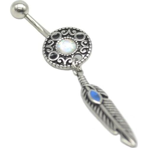 Opal Belly Ring Belly Button Stainless Steel Jewelry Pendant Dangle Body Piercing Nombril Ombligo Feather 14G Hiphop Rock