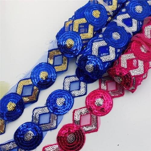 Wholesale hot selling Sequins cheap Lace Ribbon African Embroidered Flower Trim Iron On Fabric Diy Clothes in stock
