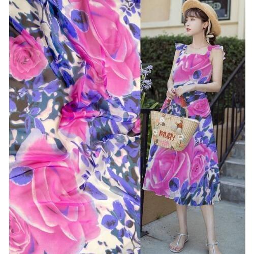 Violet peony flowers prints French Lace silk Chiffon Fabric For Sewing Woven Material Textile Tulle Dress 100% Silk Fabric telas