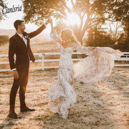 Gorgeous Off The Shoulder Printing Chiffon Bohemian Wedding Dress 2020 Long Sleeve Lace Edge Wedding Dresses vestido de novia
