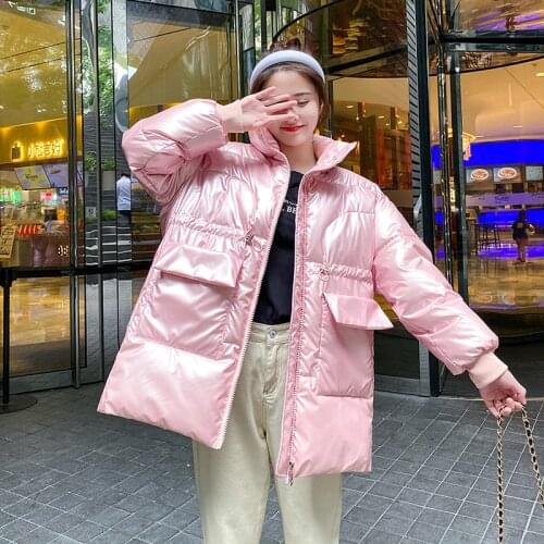 Loose Casual Overcoat Female Long Parkas Female Winter Stand Collar Oversized Shiny Womens Jackets 2021 Solid Thick Big Pockets