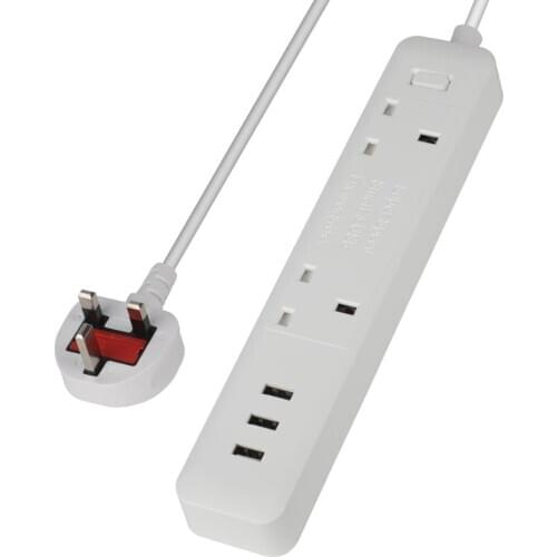 Electrical Power Strip Extension Desktop Socket 10A Overload Protector 1.8M Cord UK Fused Plug Adapter 2 AC Output 3 USB Ports