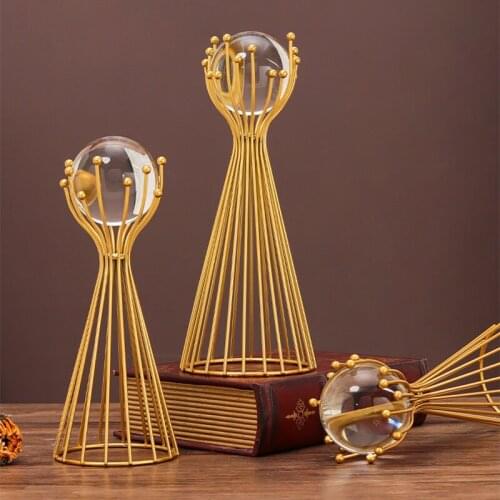 Nordic Style Vertical Stand Crystal Ball Decorative Ornaments Geometric Abstract Golden Flowers Metal Light Luxury Furnishings