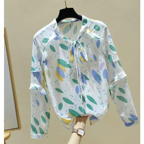 Long Sleeve Ruffles V-Neck Print Chiffon Blouse Shirt Women Tops Blouse Women Blusas Mujer De Moda 2021 Women Clothing Blusa E75