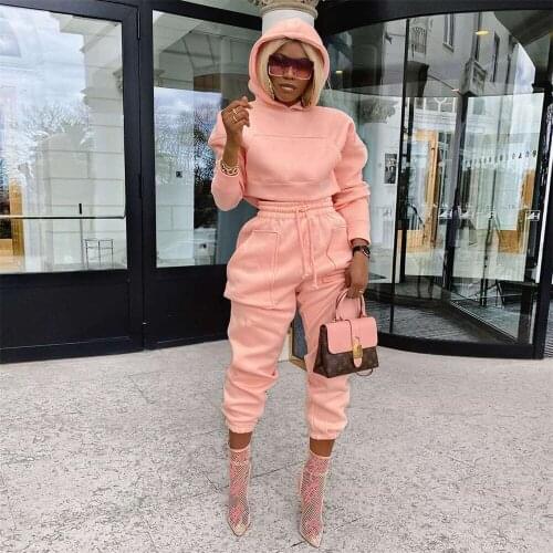 Womens Warm Tracksuit Set Autumn Winter Womens Solid Hooded Sweater Sweatshirt Sportswear Sports Two-piece Suit For Fitness
