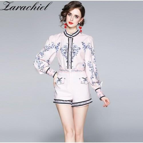 2021 Autumn Vinatge Flower Pink Holiday Suit Women Long Lantern Sleeve Floral Print Shirt Blouse + Pencil Shorts 2 Piece Set