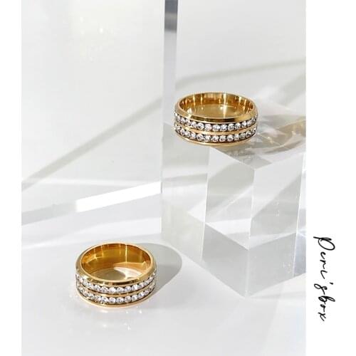 PerisBox Sparkly Pave Rhinestone Double Row Rings For Women Gold Plated Titanium Steel Jewelry Wedding Engagement Crystal Ring